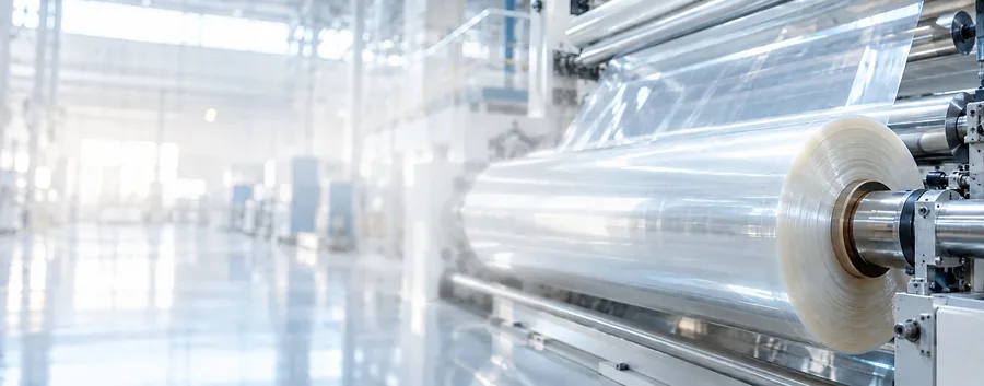 Üretim hattında sarılan şeffaf polyester (PET) film rulosu